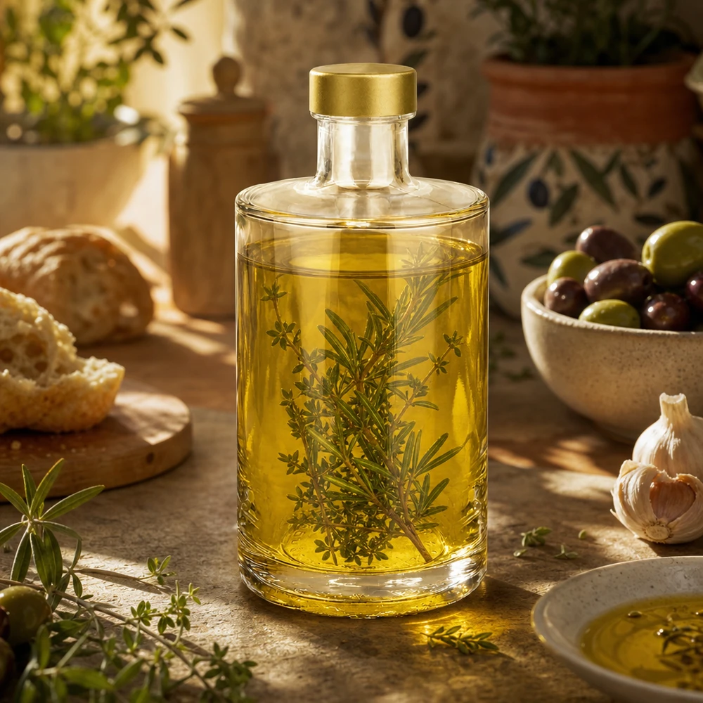 Bouteille en verre 375 ml « Sam » + bouchon à vis doré UNiTWIST® 375ml Bouteille en verre Sam remplie d'huile aux herbes romarin thym bouchon doré UNiTWIST décoration de cuisine méditerranéenne