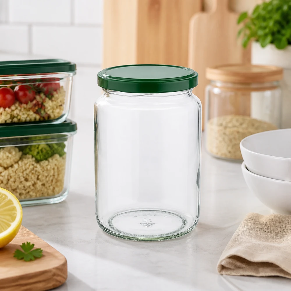 795ml Verre rond avec couvercle BasicSeal vert UNiTWIST Bocal rond de 795 ml UNiTWIST vide avec couvercle vert BasicSeal dans la cuisine moderne à côté des Meal-Prep-Box et des bocaux à provisions