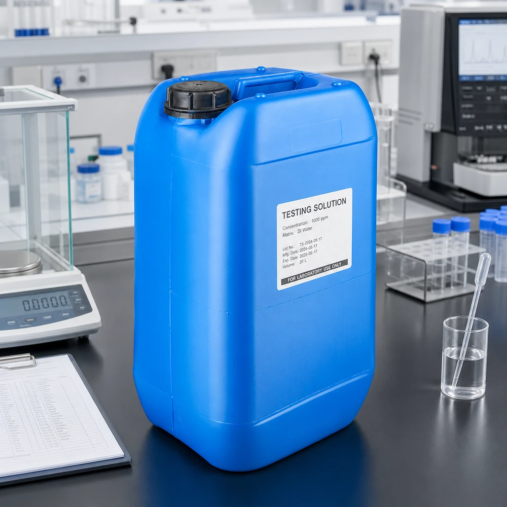 Bidon de produits chimiques de 15 L, bleu, avec une zone d'étiquetage blanche et un bouchon OV noir, utilisé en laboratoire