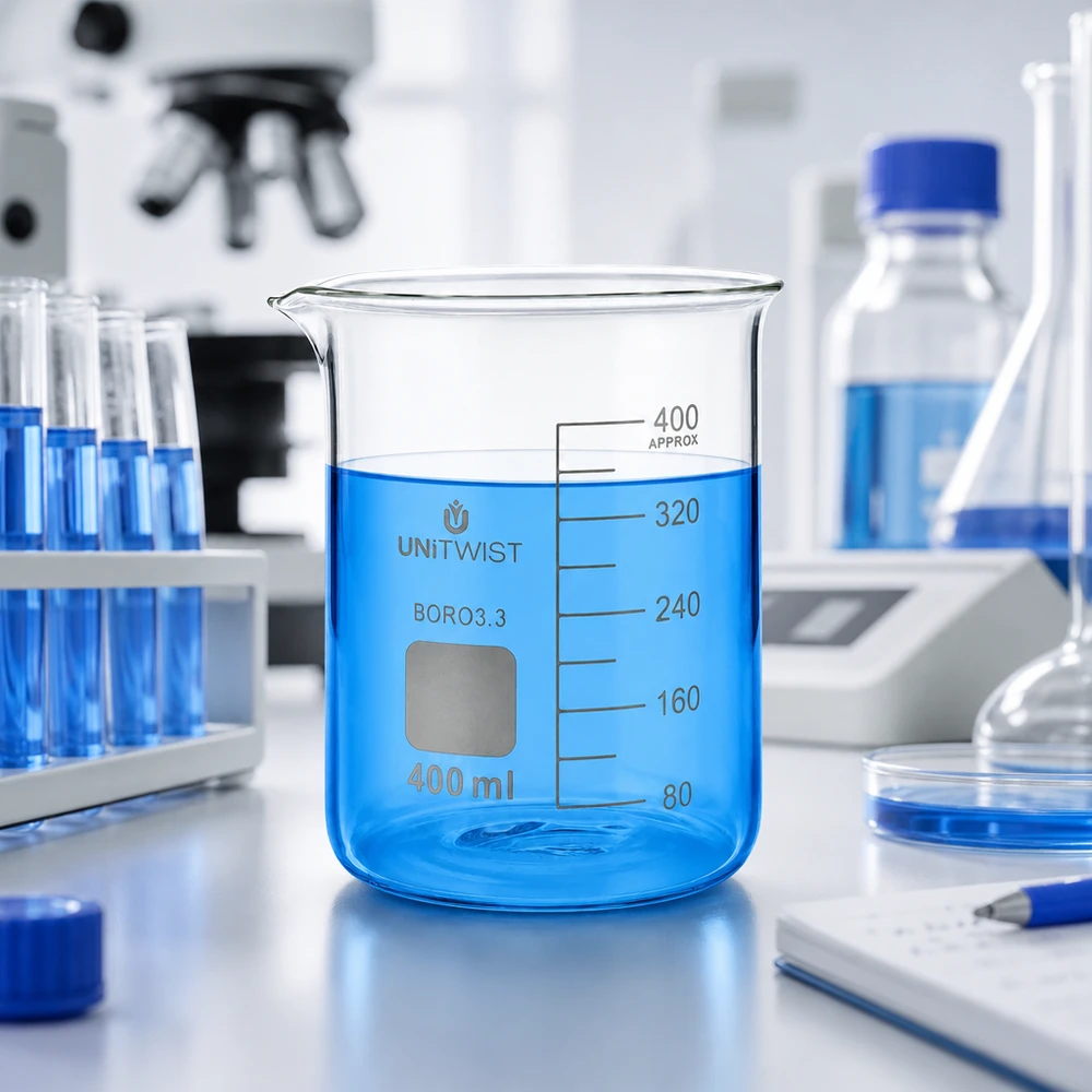 Beker 400ml borosilicaat, lage vorm UNiTWIST UNiTWIST BORO3.3 Béchère de 400 ml, de forme basse, en verre borosilicaté résistant à la chaleur, pour laboratoire