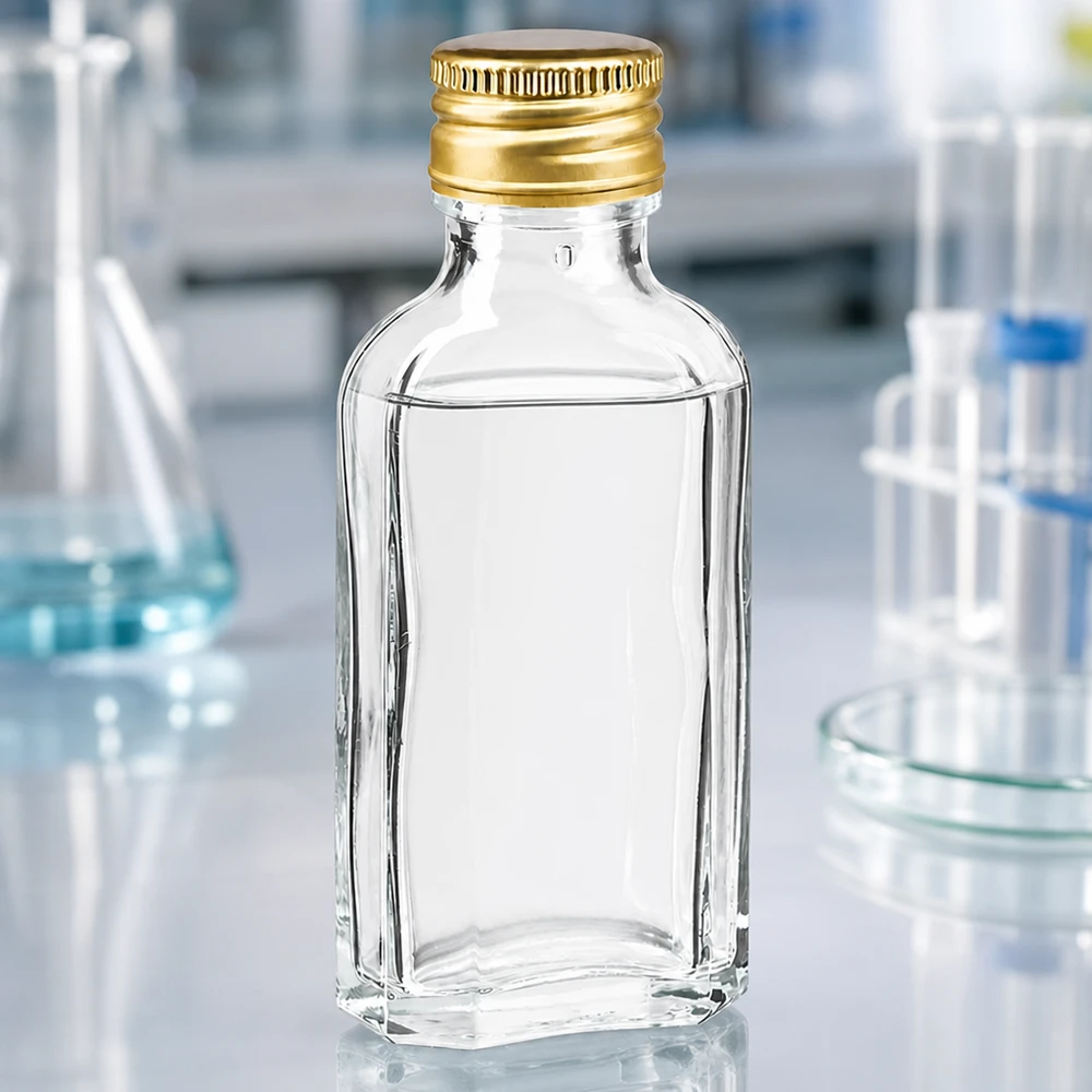 Flacon en verre rectangulaire transparent de 50 ml, modèle Meplat, avec bouchon en aluminium PP22 doré