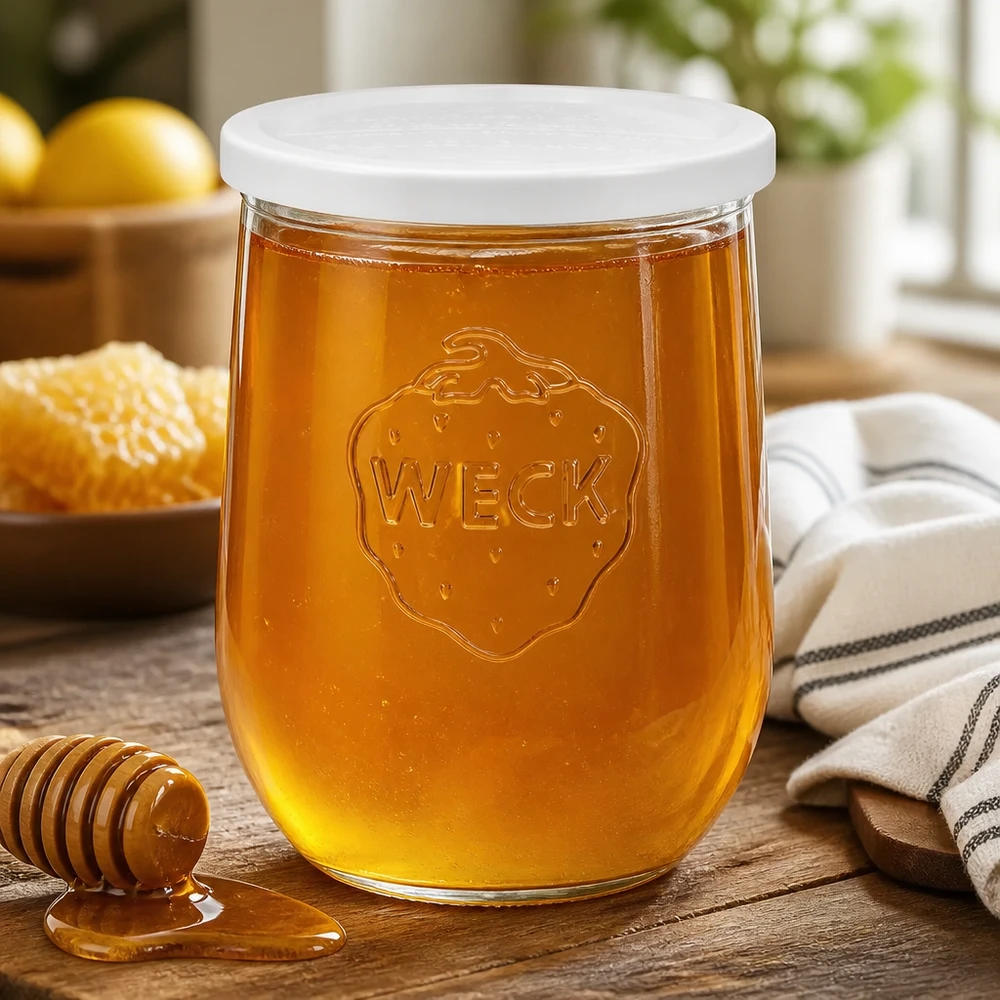 1062ml bocal tulipe avec couvercle fraîcheur WECK RR100 WECK Pot tulipe 1062ml RR100 rempli de miel à côté de la cuillère à miel sur une table en bois dans un environnement de cuisine naturel