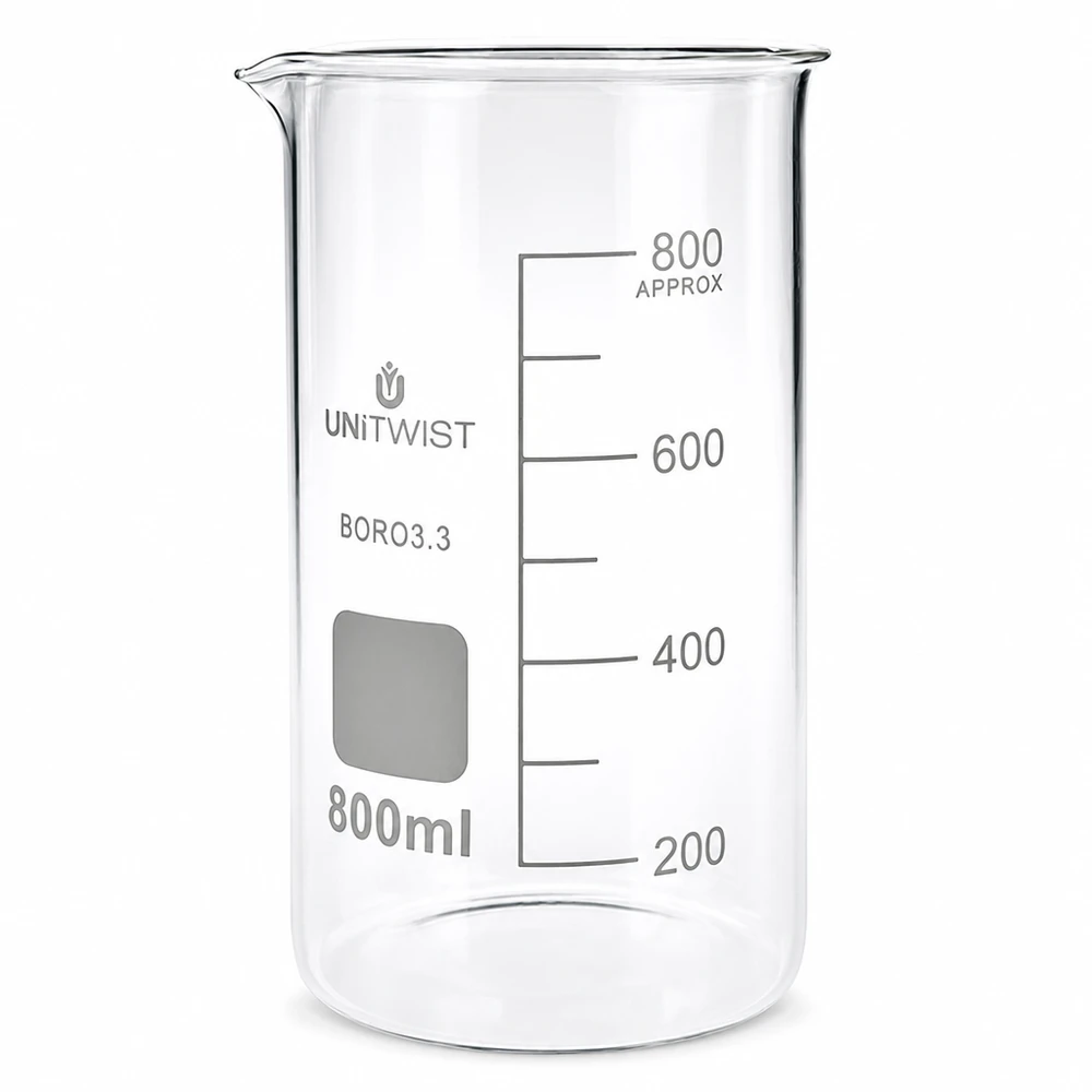 Bécher 800ml borosilicate, forme haute UNITWIST Verre-mesure de laboratoire haut de 800 ml avec graduation de 200 à 800 ml, en verre borosilicaté transparent