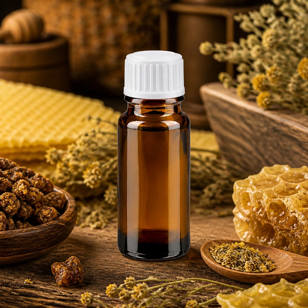 Flacon compact en verre ambré de 10 ml avec bouchon à vis blanc, destiné à la médecine naturelle et aux produits apicoles