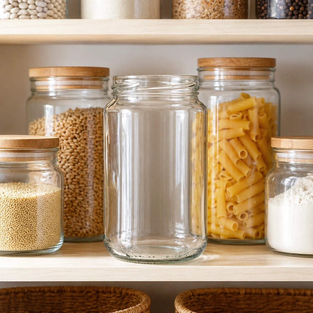 375ml Verre rond sans couvercle (TO63) UNiTWIST UNiTWIST Runda375 Verre rond 375ml TO63 dans un garde-manger organisé entre les bocaux de conservation remplis de pâtes et de légumes.