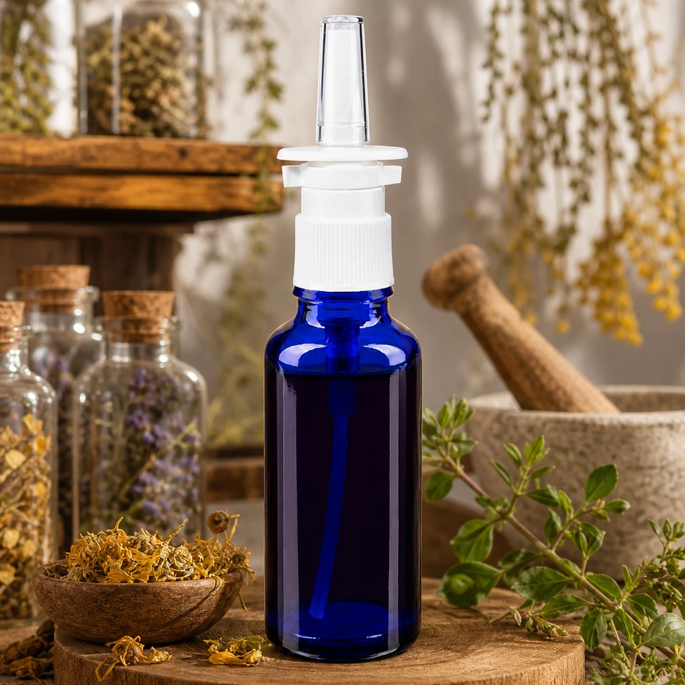 Flacon de pharmacie bleu 30ml vaporisateur nasal blanc Flacon de spray nasal ApoGlas bleu cobalt de 30 ml avec embout pulvérisateur, à côté d'un mortier et d'une décoration à base de plantes aromatiques