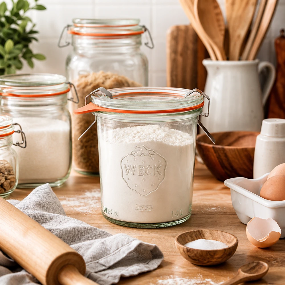 WECK Verre renversé 140ml RR60 rempli de farine dans Cuisine avec ingrédients de cuisson œufs rouleau à pâtisserie et ustensiles en bois pour la cuisson