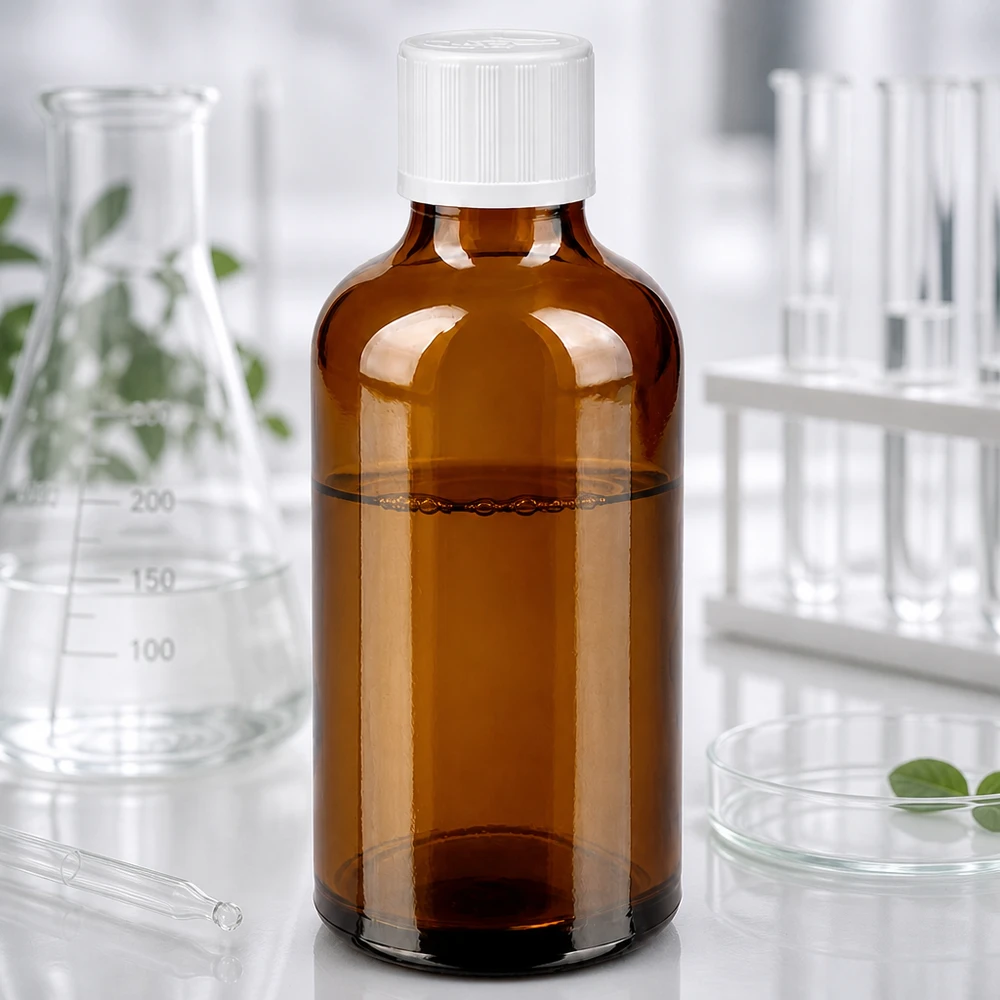 Flacon de pharmacie en verre brun de 50 ml avec bouchon de sécurité enfant standard blanc de 11 mm