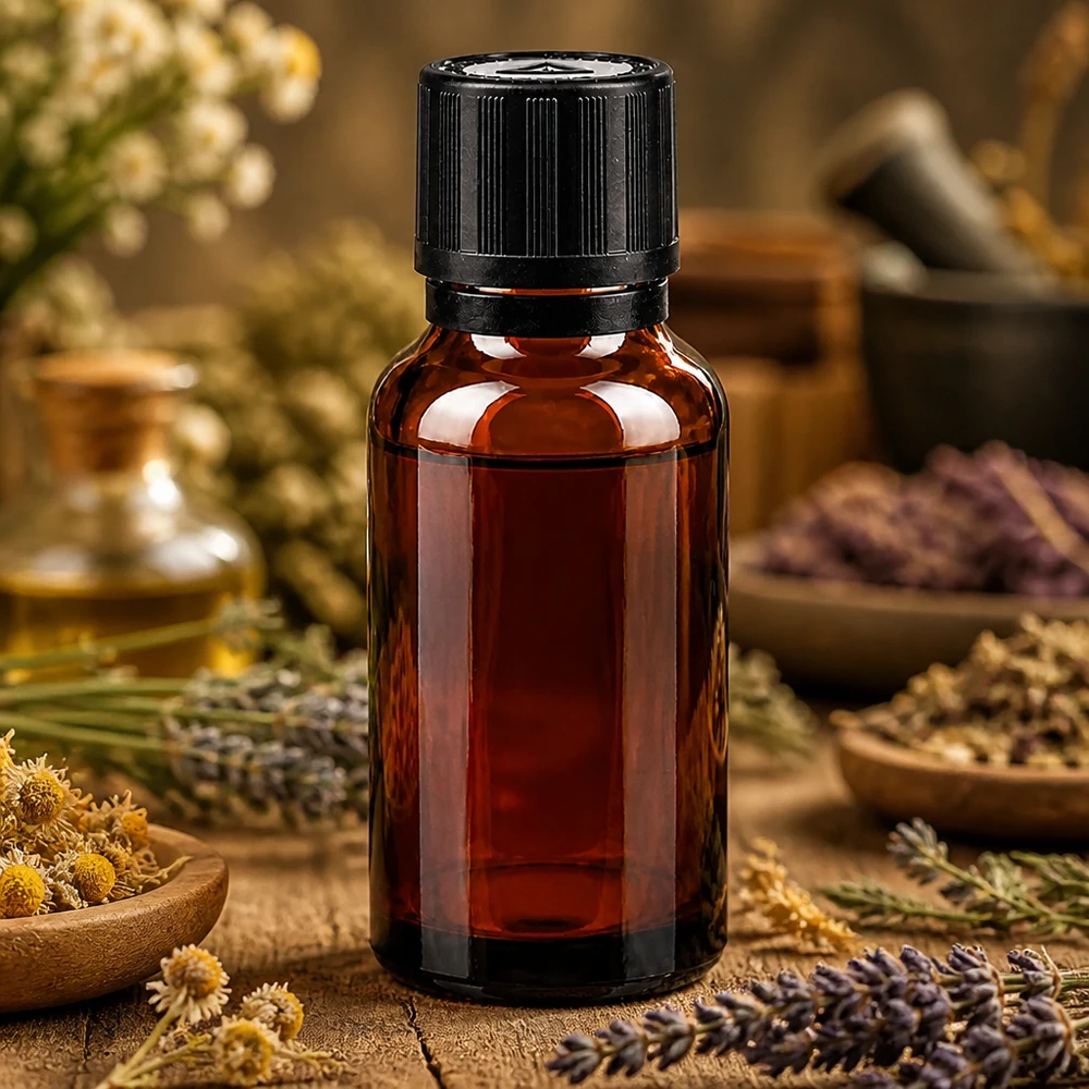 Flacon brun 20 ml, bouchon compte-gouttes noir 1 mm, sécurité enfants, avertissement aveugles Flacon en verre de 20 ml de couleur ambre, muni de son bouchon noir d'origine, destiné aux huiles essentielles
