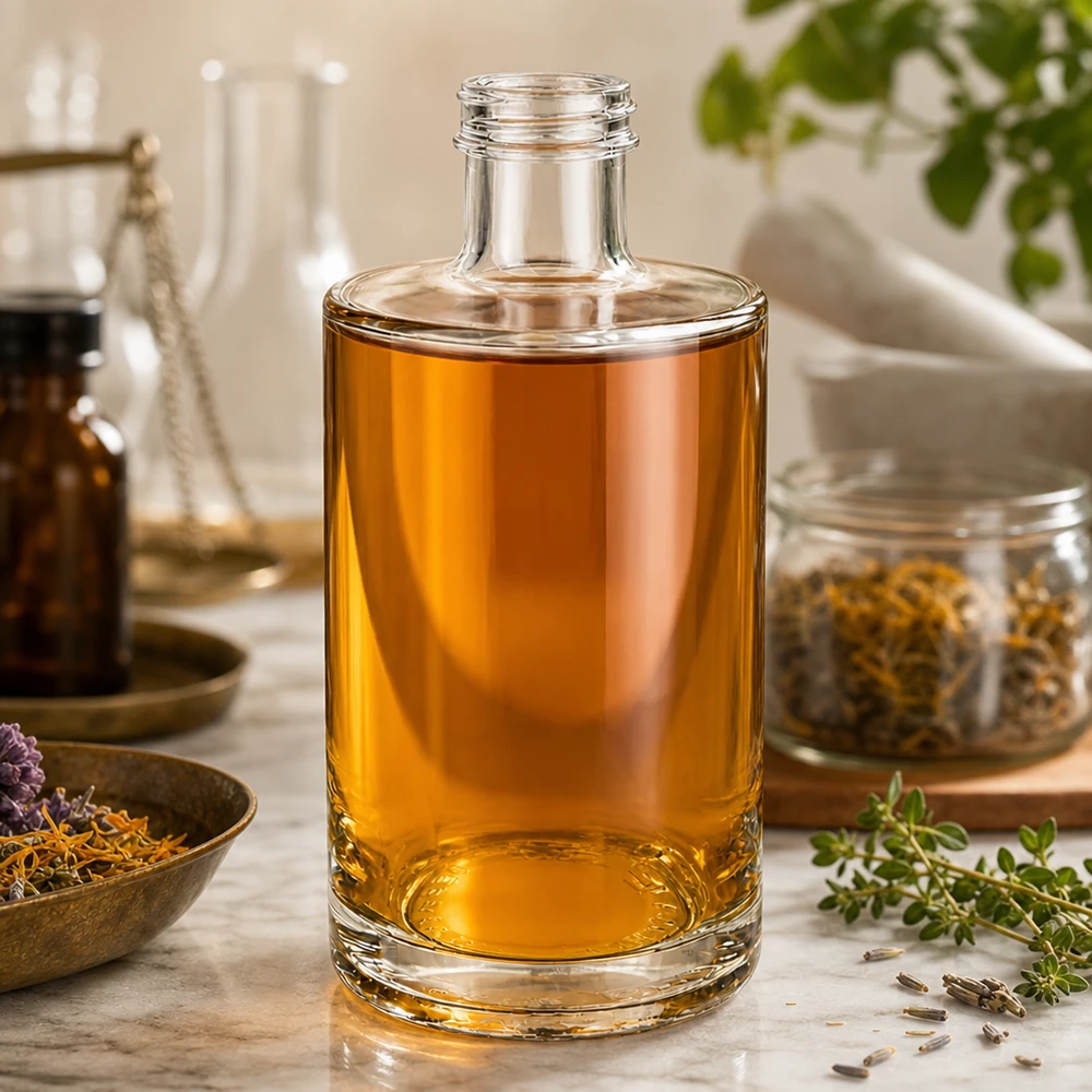 Bouteille en verre 375 ml « Sam » sans bouchon à vis UNiTWIST® Bouteille en verre Sam de 375 ml contenant un liquide ambré dans une ambiance naturelle arrangée avec des herbes et des épices