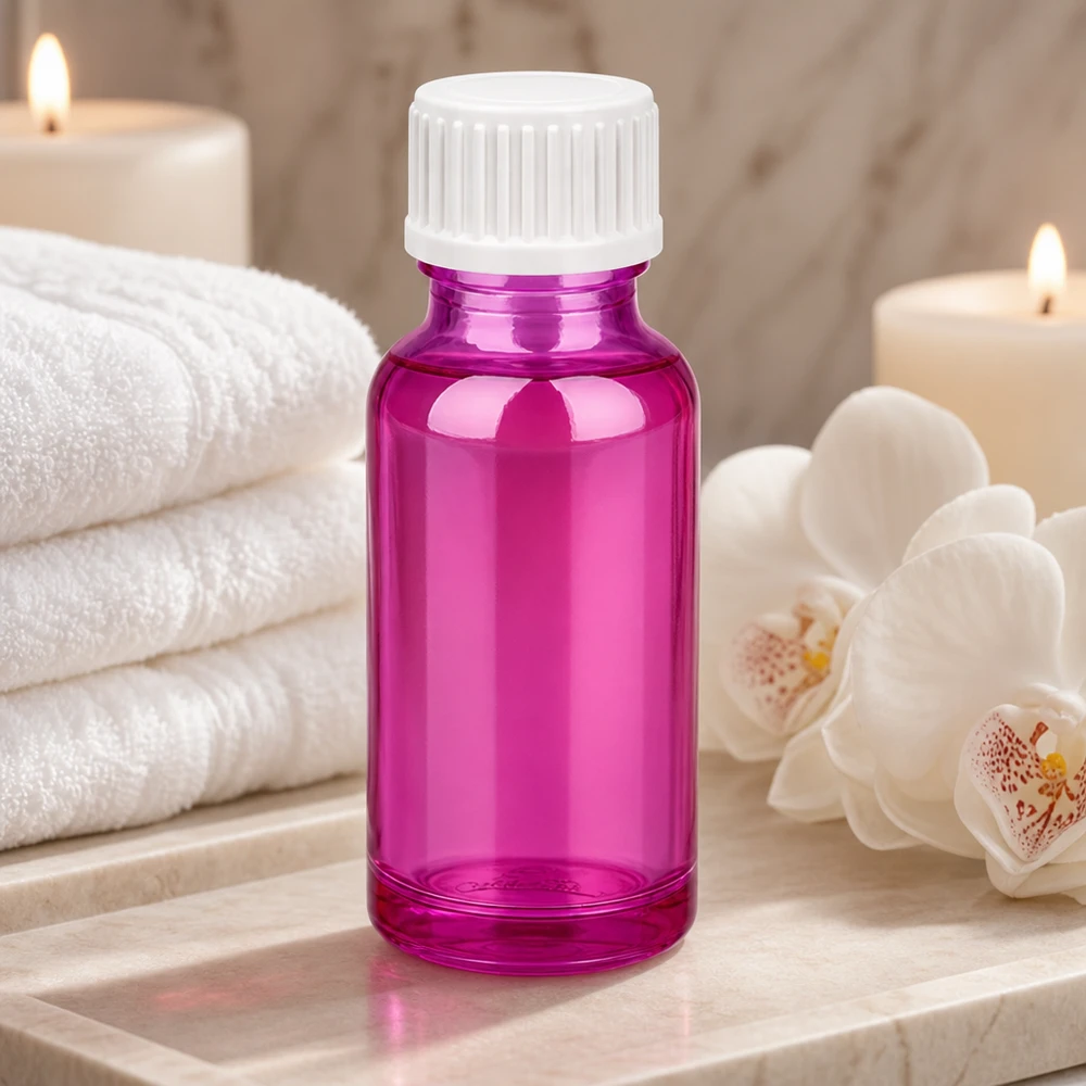 20ml (globules)Flacon 3mm bague de coulée blanc standard PurpleLine.UT18/20 Bouteille de 20 ml en verre robuste de couleur fuchsia pour conserver les essences en toute sécurité