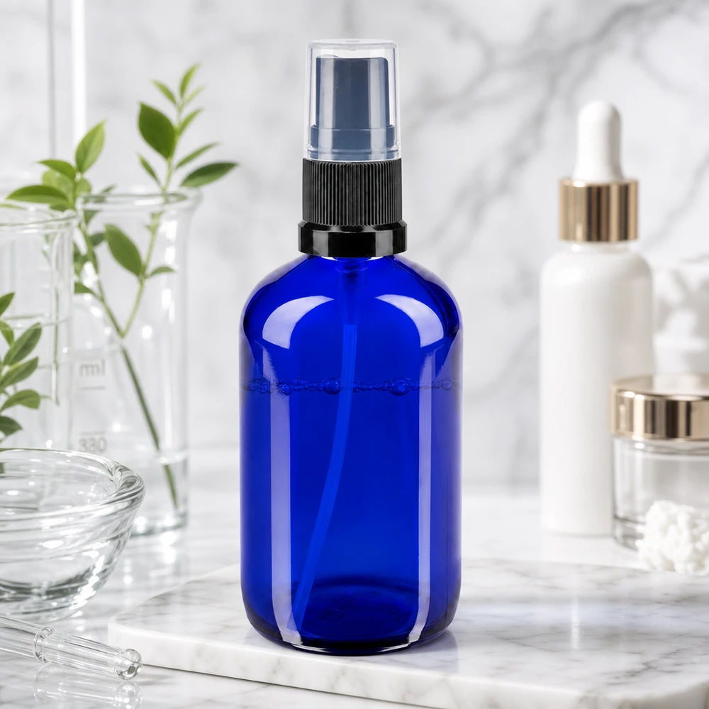 Flacon en verre bleu cobalt de 100 ml avec un bouchon de protection transparent, à côté de fioles de laboratoire et de plantes vertes