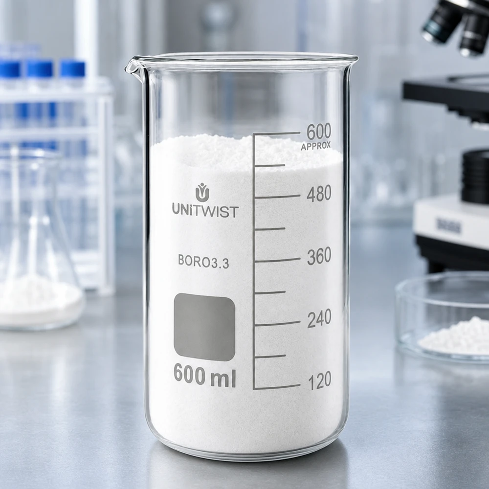 Bécher de laboratoire UNITWIST de 600 ml, modèle haut, muni d'une graduation en millimètres et rempli de granulés blancs