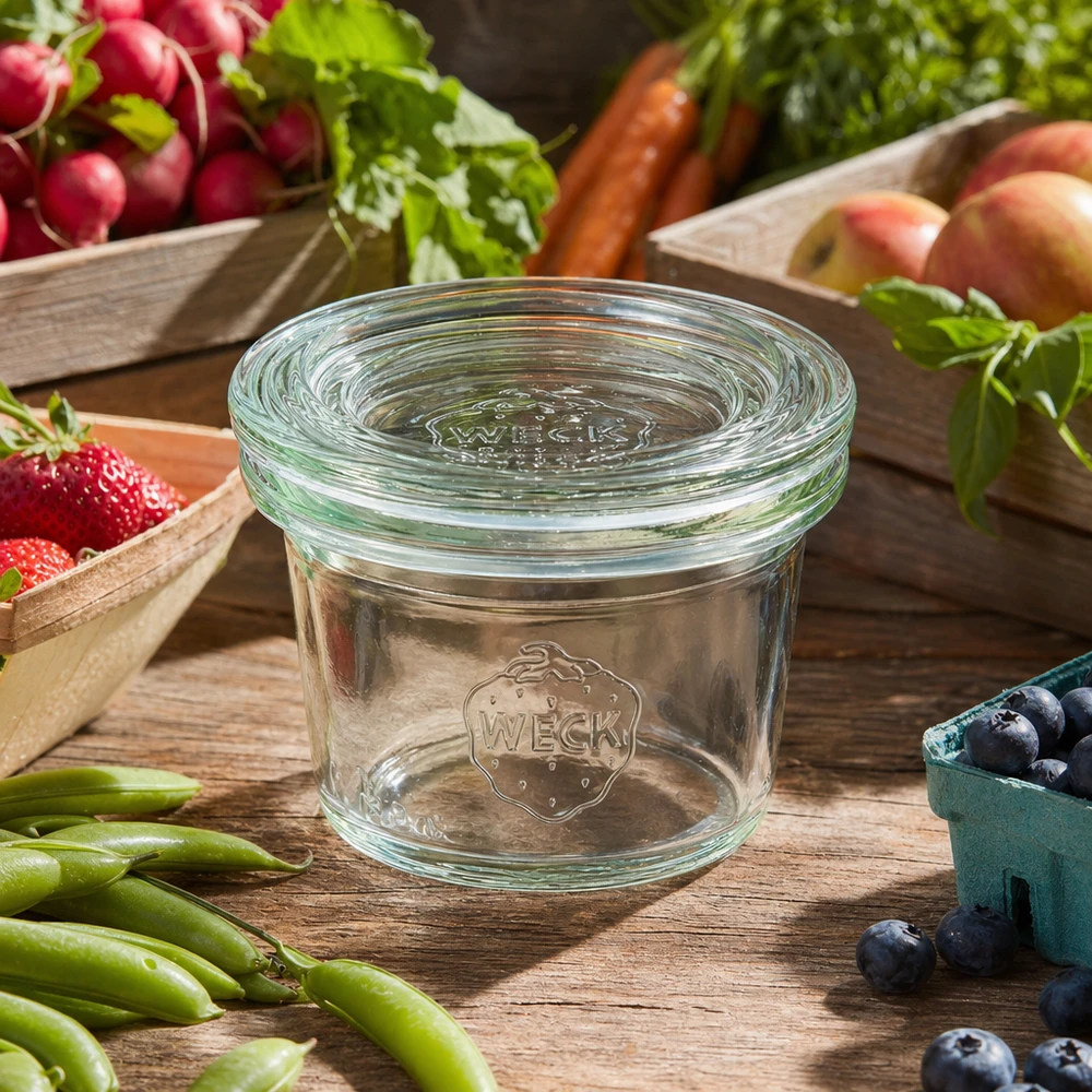 35ml bocal conique avec bouchon en verre WECK RR40 WECK Verre renversé 35ml RR40 vide avec couvercle en verre entouré de fruits et légumes frais sur une table en bois rustique