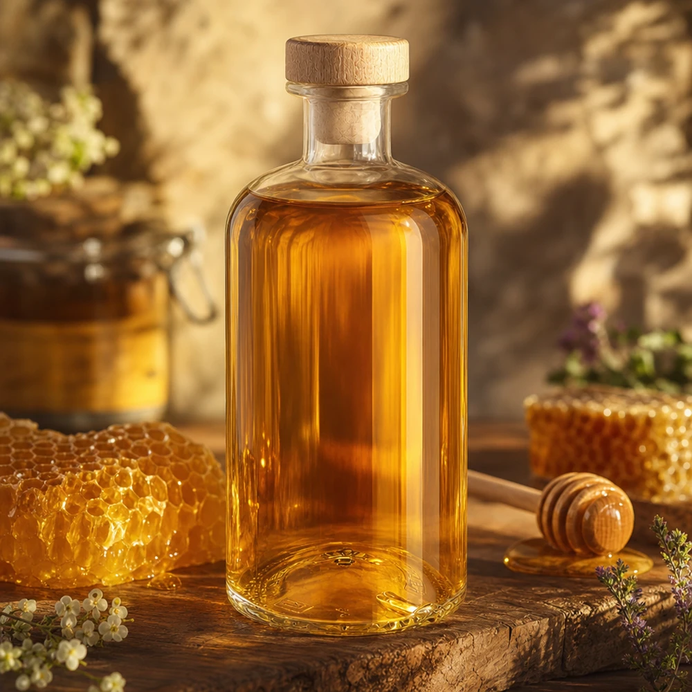 Flacon à pharmacie « Flora » 500 ml avec bouchon en bois UNiTWIST® Bouteille en verre Flora 500ml remplie de miel à côté de rayons d'abeilles et d'un dipper au miel sur une planche en bois rustique dans la lumière chaude