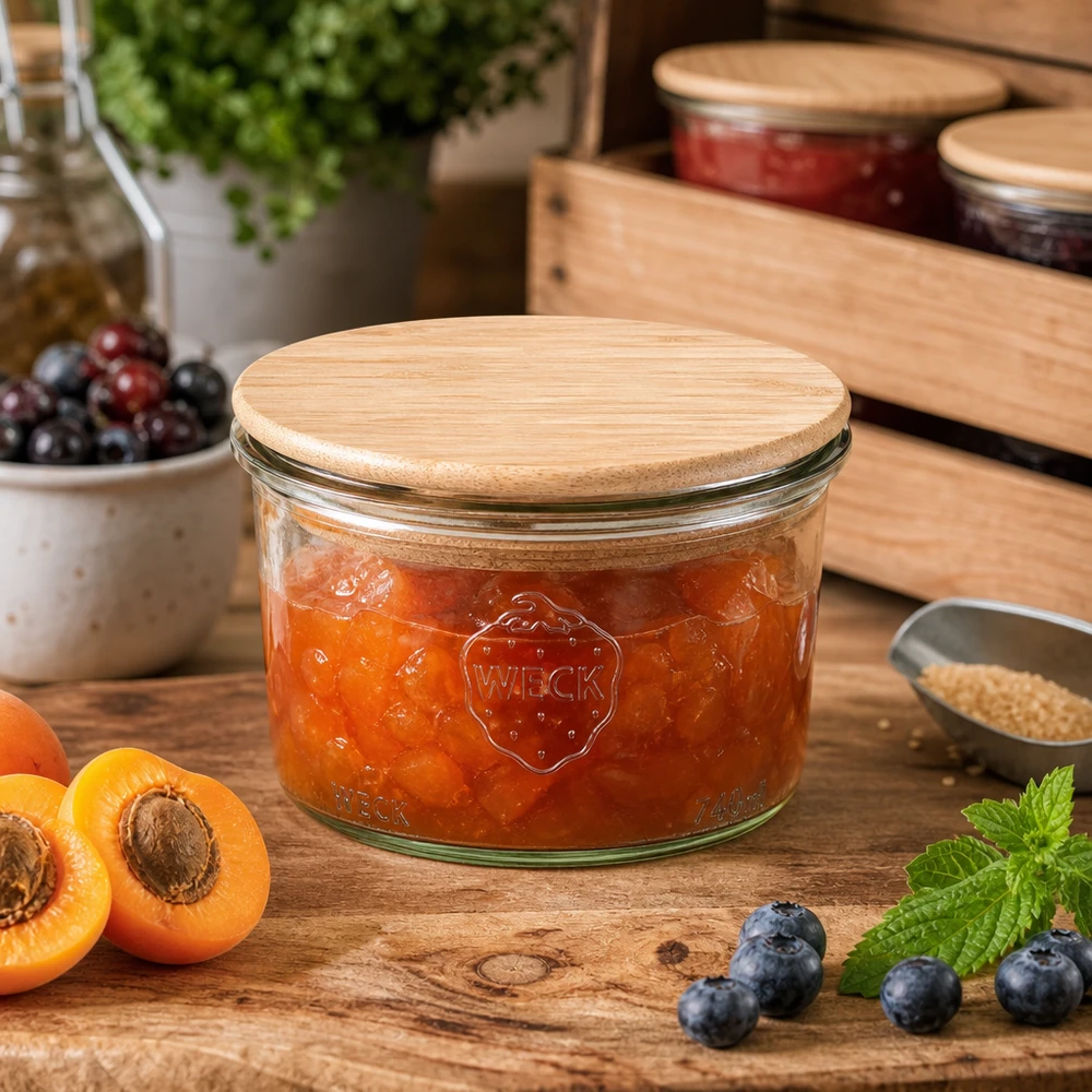 200ml bocal conique WECK RR80 avec couvercle en bois WECK Einmachglas 200ml mit Holzdeckel gefüllt mit Aprikosenmarmelade auf Holztisch neben frischen Früchten