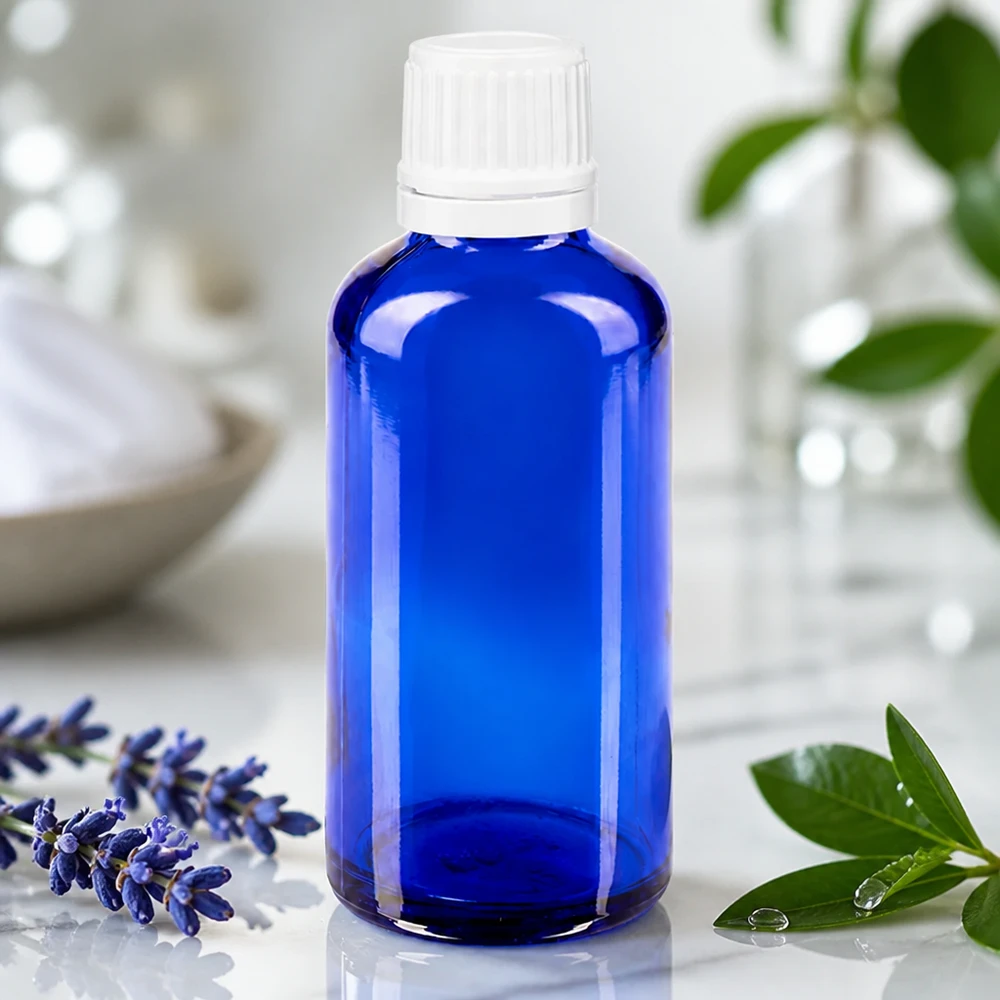 Flacon à pharmacie bleu 50ml bouchon vissable blanc bouchon inviolabilité Flacon de pharmacie bleu cobalt de 50 ml avec bouchon de sécurité blanc pour huiles essentielles
