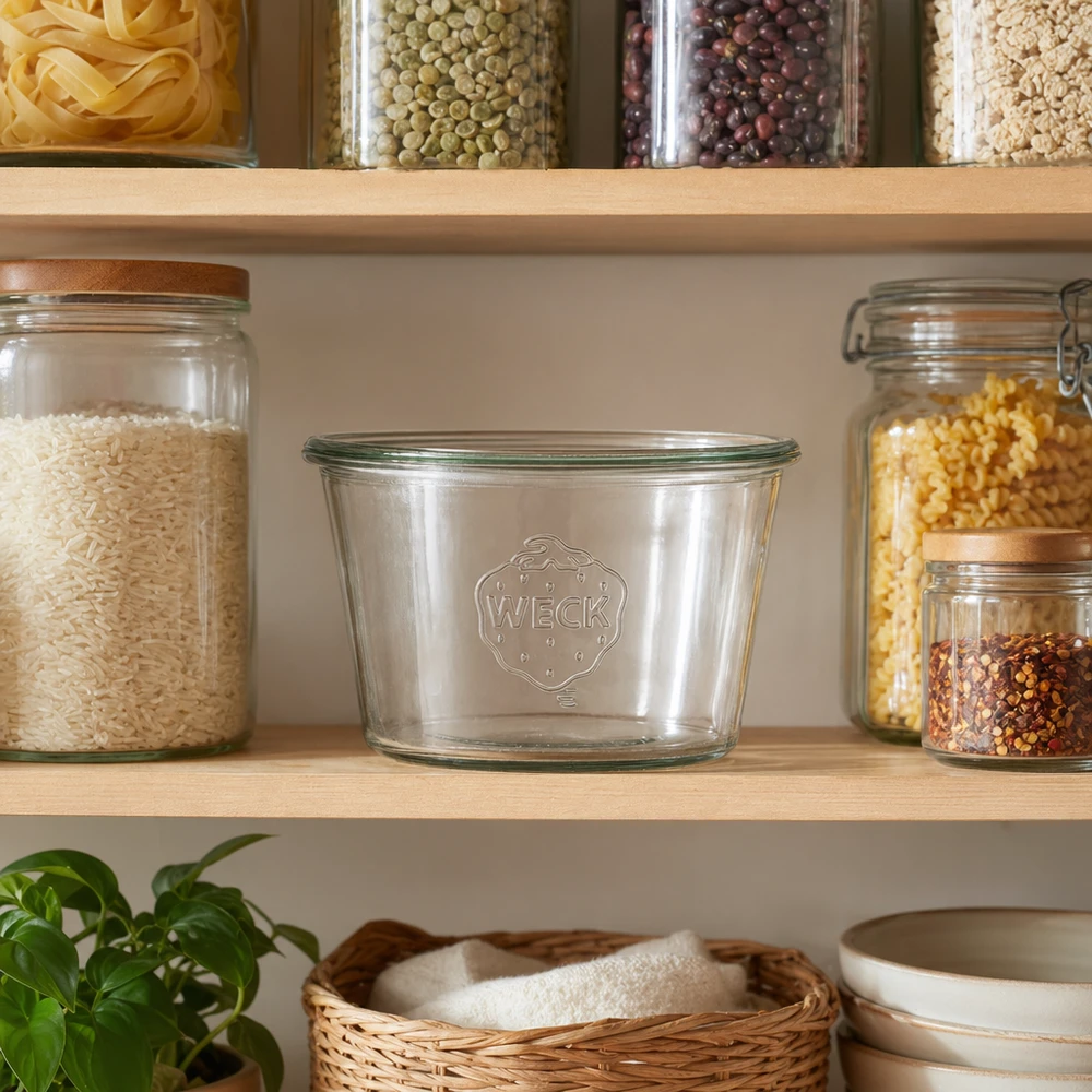 370ml WECK Pot renversé RR100 dans étagère de cuisine avec bocaux de stockage pour aliments et conservation durable