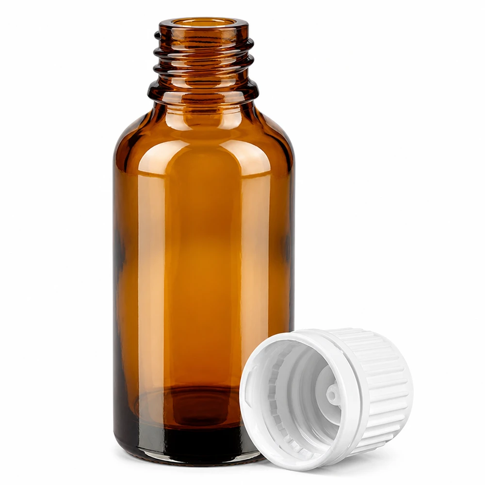 Flacon 30ml 11mm SV blanc OV BrownLine UT18/30 Flacon médical compact de 30 ml en verre brun anti-UV avec bouchon blanc