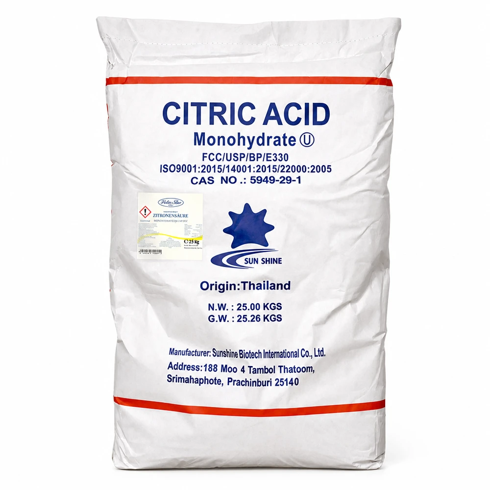 25kg d'acide citrique monohydraté E330 en sac industriel blanc pour la production alimentaire