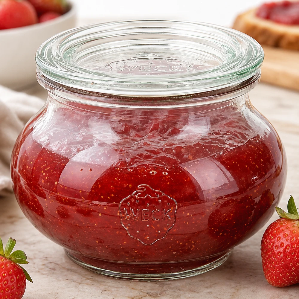 WECK Pot à bijoux 220ml RR60 rempli de confiture de fraises rouges Couvercle en verre Gros plan Décoration de fraises fraîches