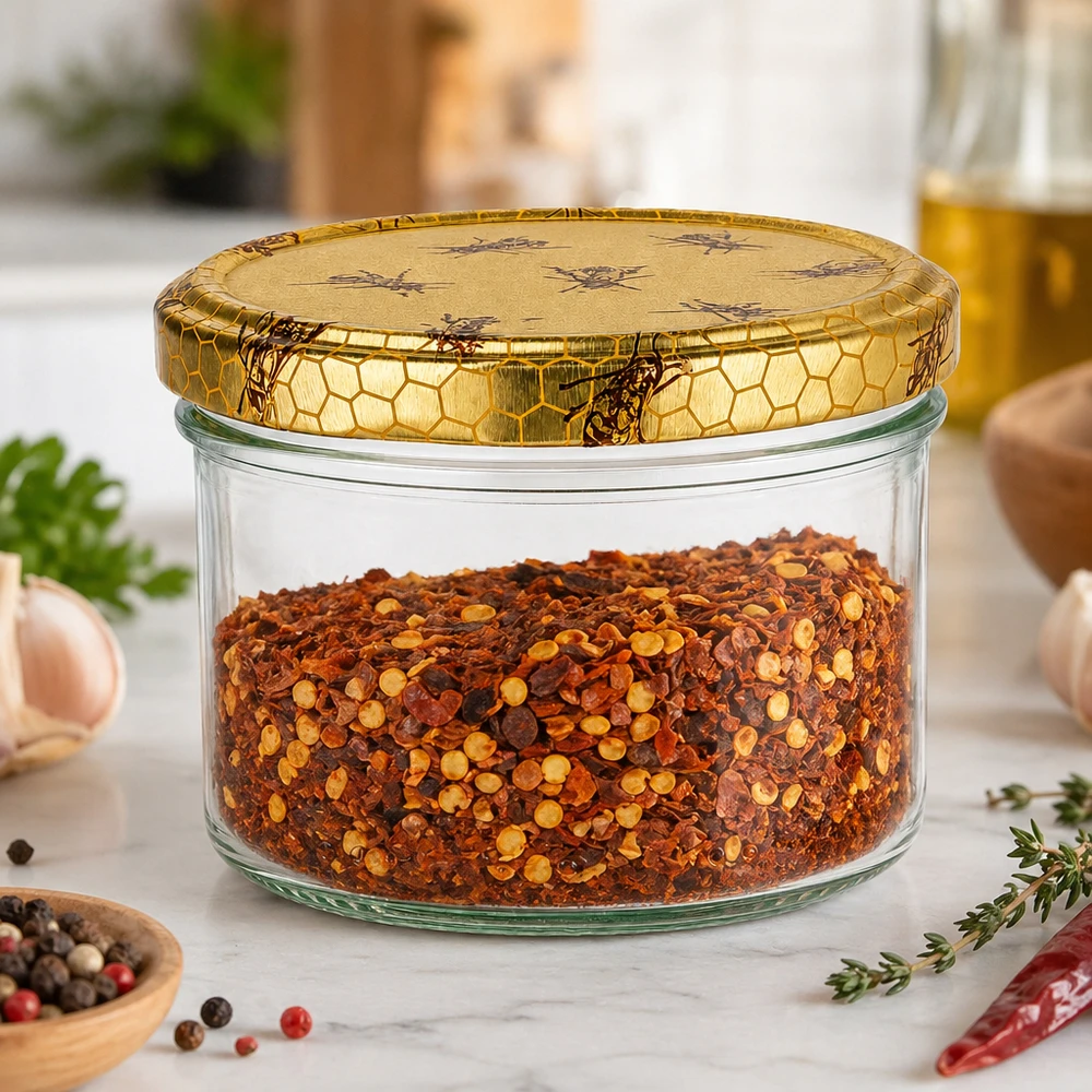 Pot de miel de 300g avec couvercle en nid d'abeille utilisable comme boîte à épices pour les flocons de piment dans la cuisine
