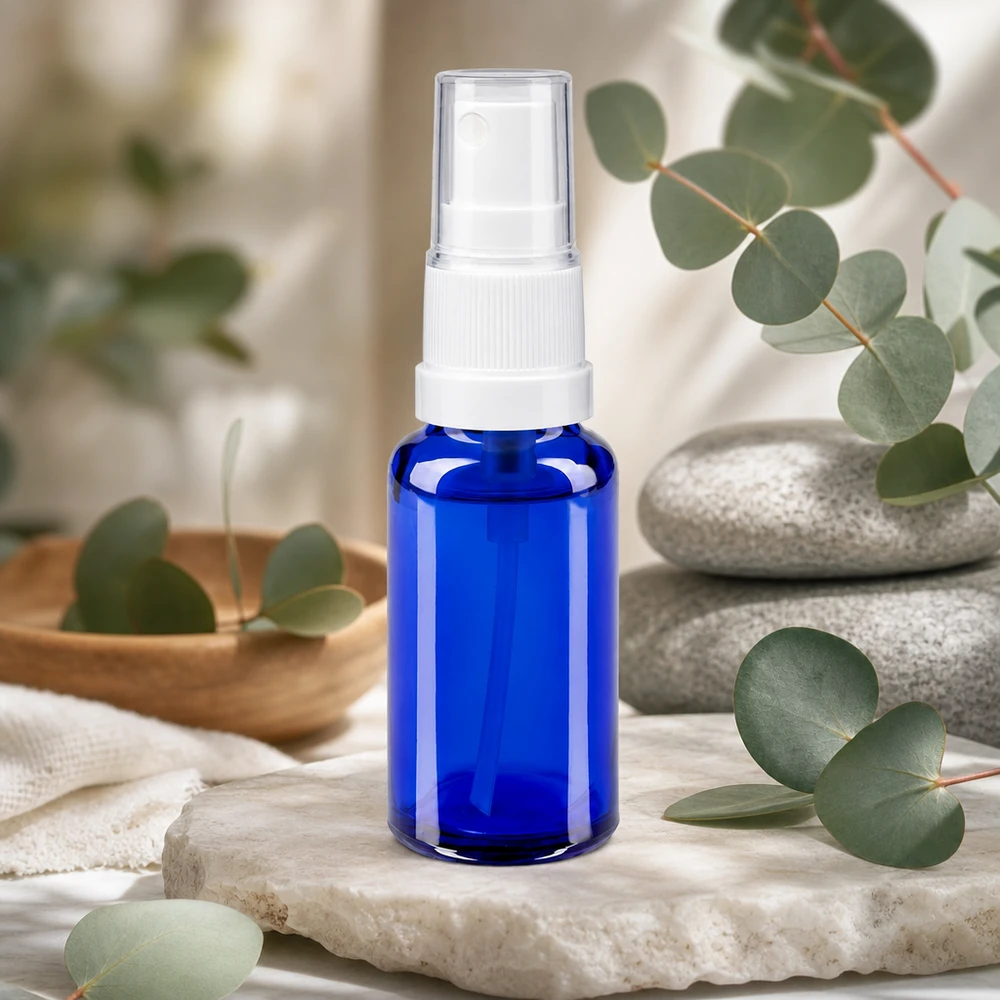 Flacon vaporisateur compact en verre bleu cobalt de 20 ml avec vaporisateur STD, destiné aux soins cosmétiques et à l'aromathérapie