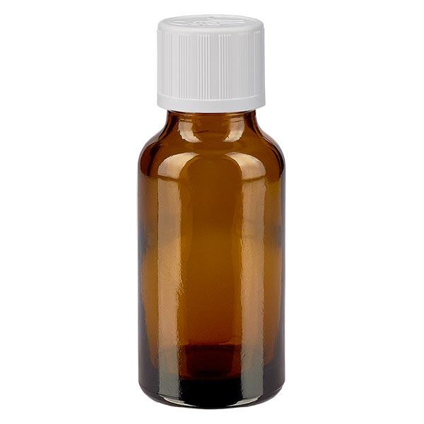 Flacon pharm. brun 20ml, bouchon vissable blanc, sécu. enfant std. Flacon pharm. brun 20ml, bouchon vissable blanc, sécu. enfant std.