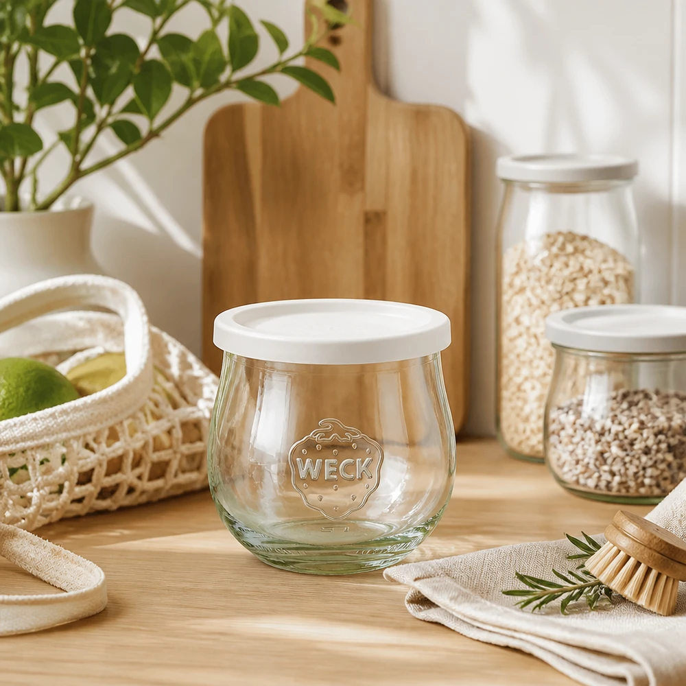 Bocal en forme de tulipe de 370 ml avec couvercle hermétique WECK RR80 WECK Pot tulipe 370ml RR80 mis en scène de manière décorative dans une atmosphère de cuisine naturelle avec des ustensiles en bois et des bocaux à provisions