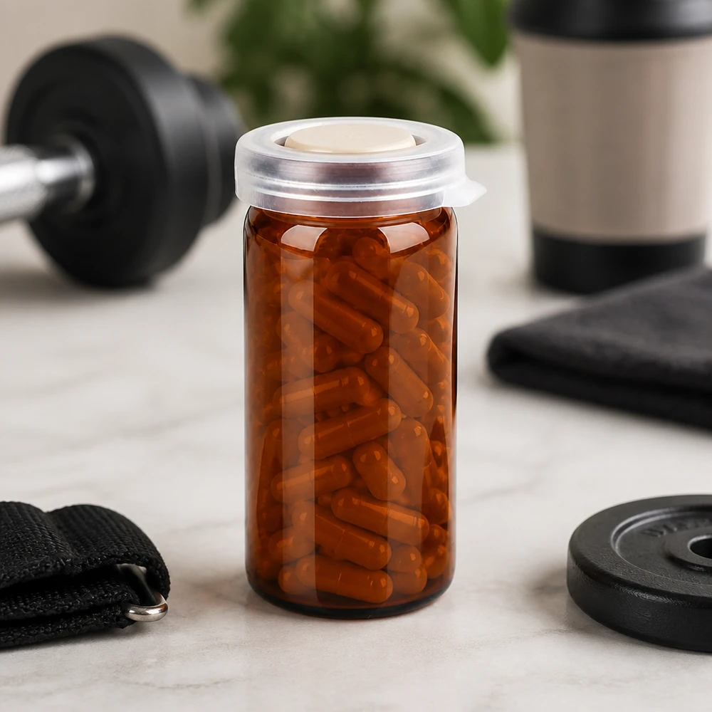 Flacon en verre opacisé de 10 ml à bord roulé, rempli de gélules en gélatine brunes pour compléments alimentaires de fitness