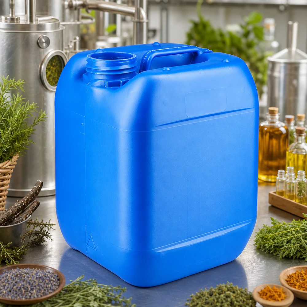 Bidon bleu vide de 5 litres, sans couvercle, destiné à la distillation d'extraits de plantes