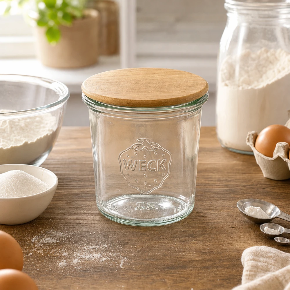 WECK Verre renversé 140ml RR60 avec couvercle en bois sur table en bois entre les ingrédients de cuisson et les ustensiles de cuisine pour la conservation des provisions