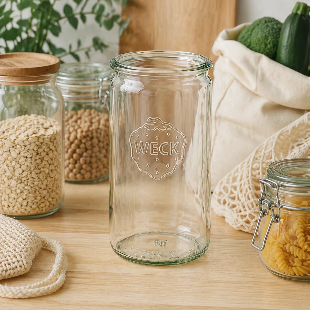 Bocal cylindrique en verre WECK RR60 de 340 ml WECK Verre cylindrique 340ml RR60 dans une cuisine durable zéro déchet avec des bocaux à provisions et des sacs en coton