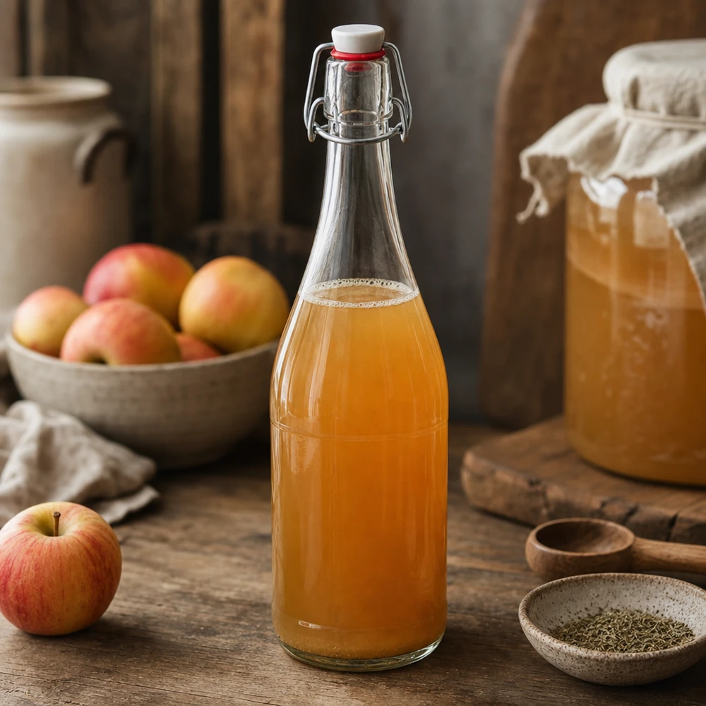 Bouteille en verre de 750 ml + bouchon mécanique en PVC UNiTWIST 750ml bouteille en verre bouchon à étrier remplie de jus de pomme cuisine rustique fruits table en bois naturellement fait maison