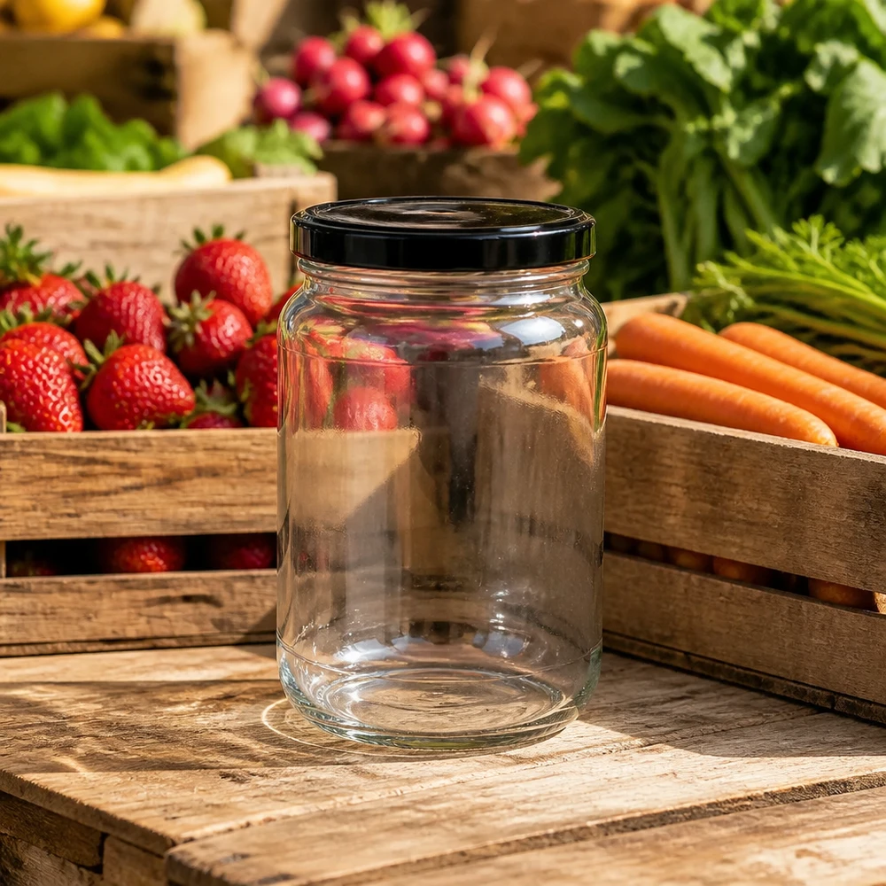 Bocal rond vide 1700ml BasicSeal couvercle noir étal de marché fruits frais légumes bocaux conservation