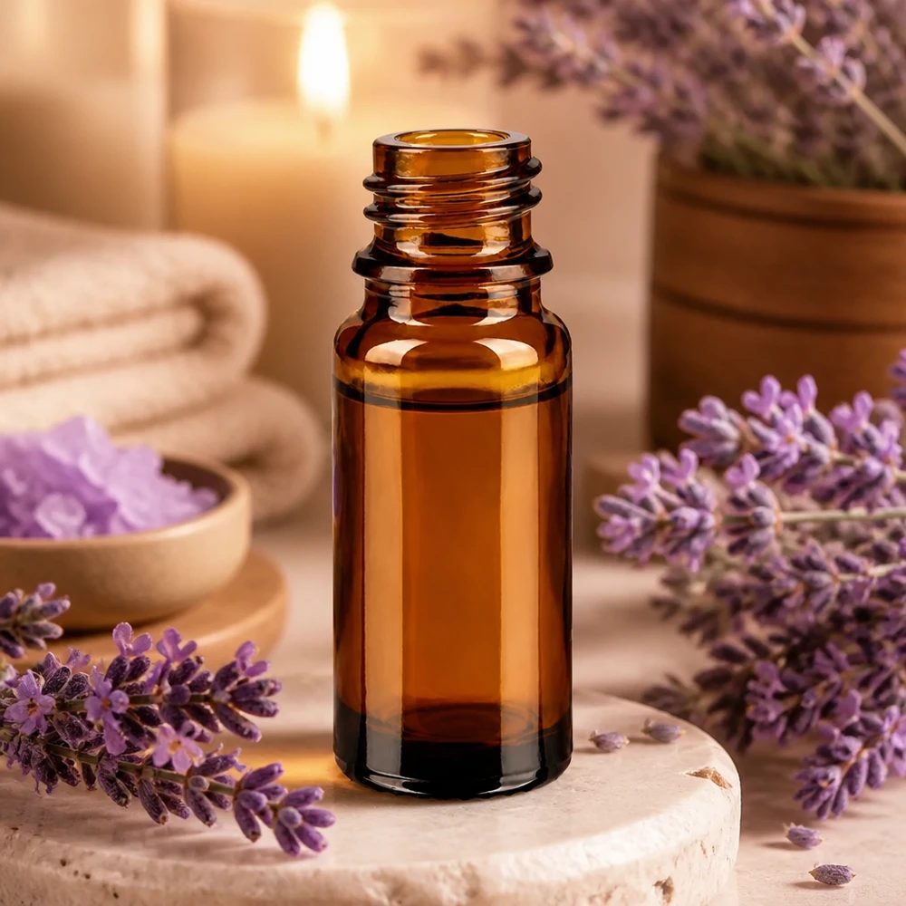 Bouteille de pharmacie brune de 10ml ApoGlas avec lavande et accessoires de bien-être dans un environnement spa relaxant