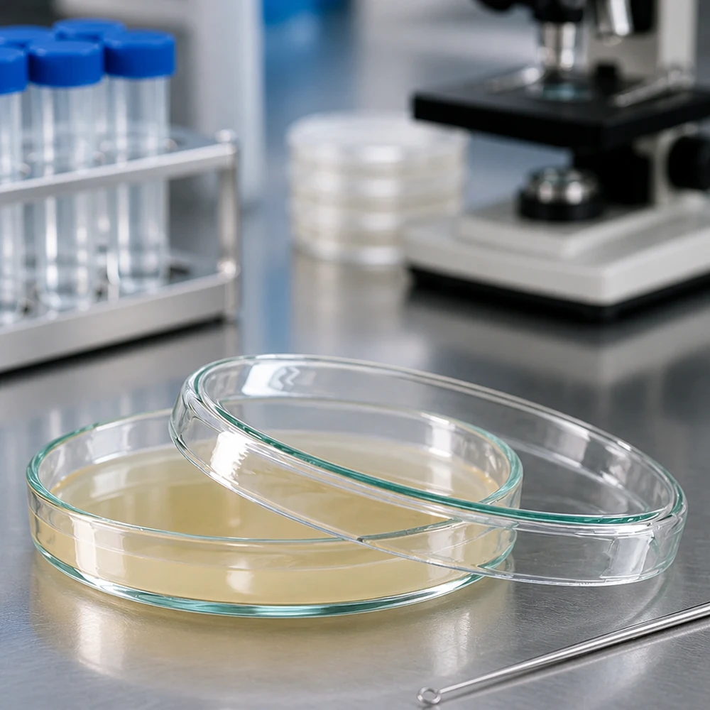Boîte de Pétri en verre de 90 x 15 mm, ouverte, avec un œillet d'inoculation et un kit d'outils pour microscopie à l'arrière-plan