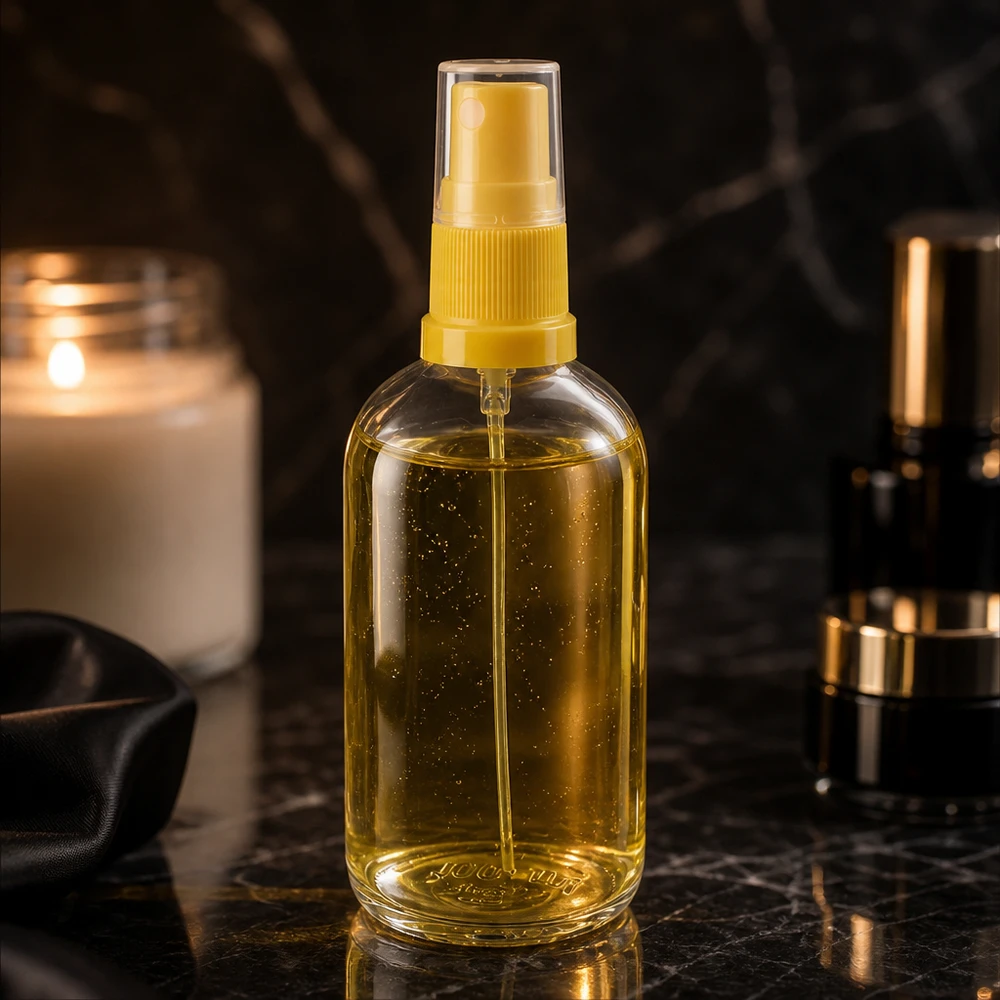 Vaporisateur 100ml jaune/tr. STD ClearLine UT18/100 Flacon rond ClearLine UT18 de 100 ml avec vaporisateur jaune sur fond marbré noir