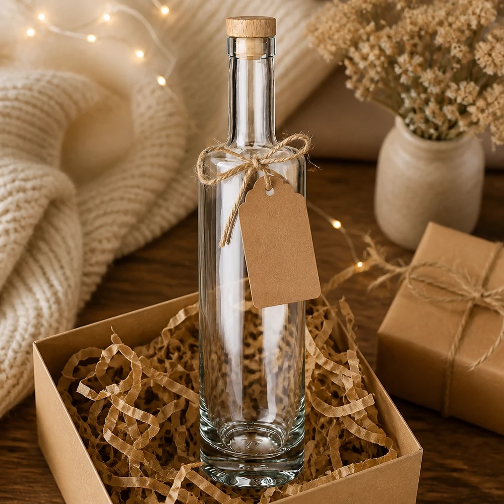 Bouteille en verre Lina de 500 ml Emballage cadeau avec boîte en papier kraft Pendentif décorations lumineuses blanc chaud