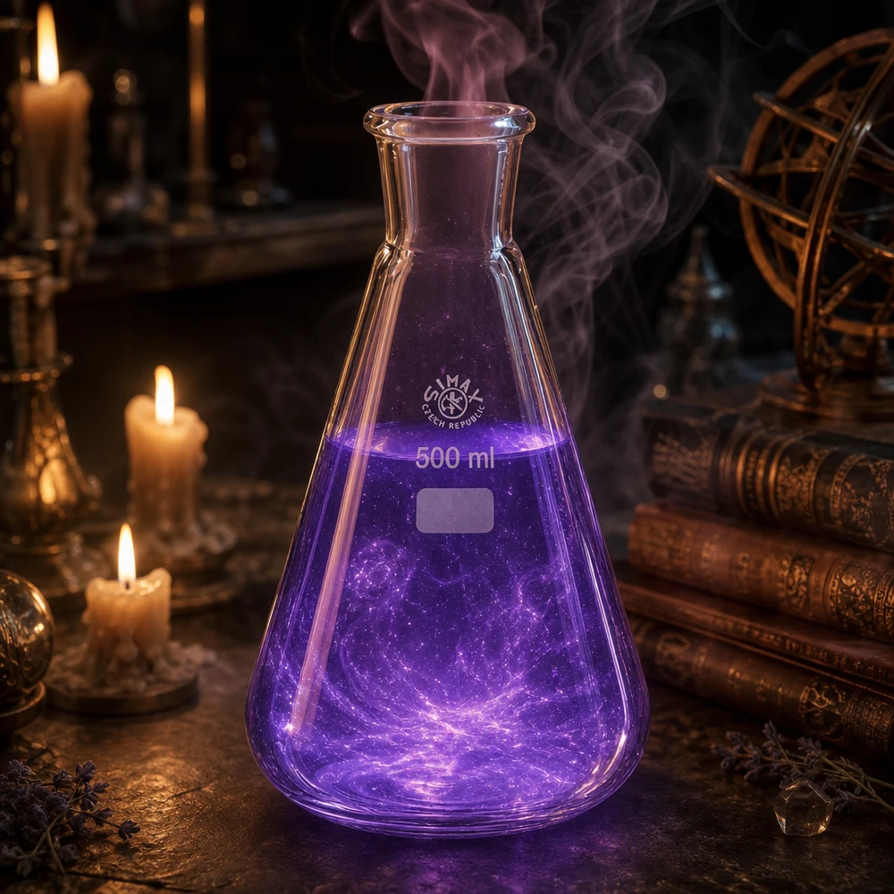 Erlenmeyer 500 ml col étroit, verre borosilicate avec rodage normalisé 29/32 Erlenmeyer vaporisant dans un environnement de laboratoire magique avec des livres anciens et des bougies