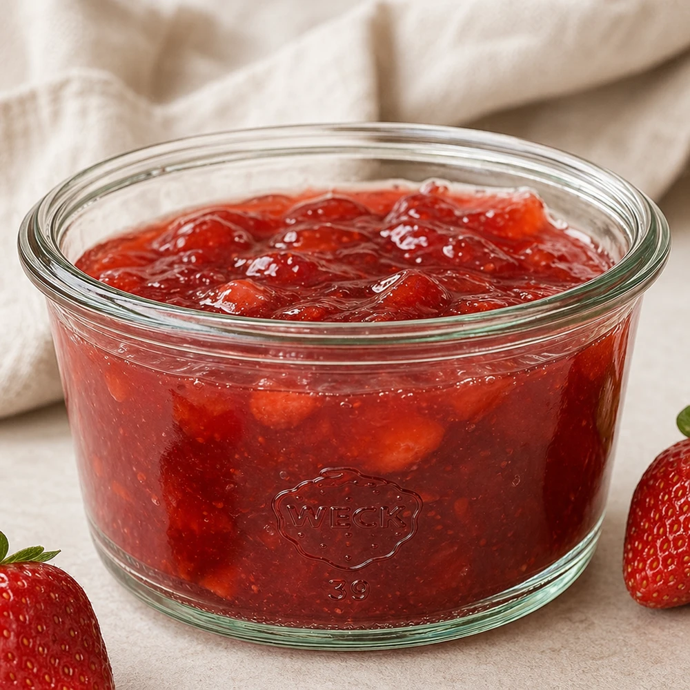 WECK Pot Gourmet RR80 165ml rempli de confiture de fraises rouges entre des fraises fraîches sur fond clair