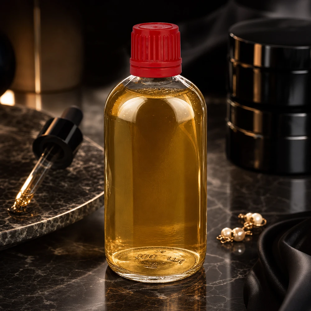 Flacon 100ml 11mm SV rouge OV ClearLine UT18/100 Flacon ClearLine de 100 ml avec huile végétale dorée, étiquette rouge SV et bouchon d'origine sur fond marbré