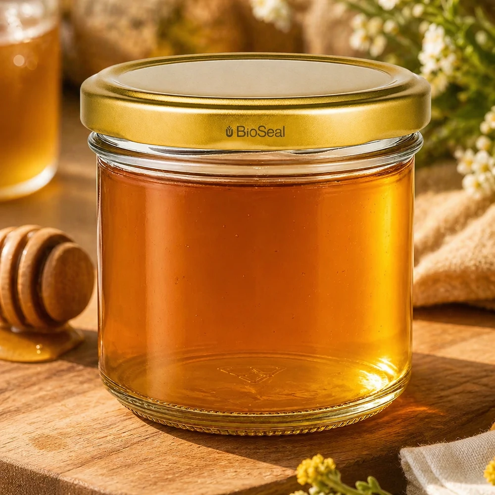 125ml Verre conique avec couvercle BioSeal or UNiTWIST UNiTWIST Pot renversé 125ml rempli de miel - couvercle TO66 BioSeal doré sur planche en bois avec cuillère à miel