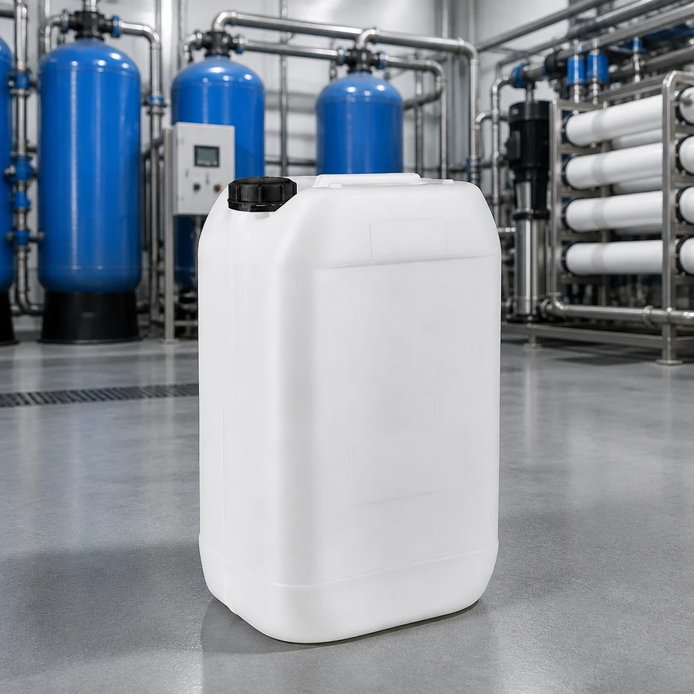 Bidon empilable de 15 litres en PEHD, muni d'un bouchon à vis inviolable, destiné aux produits chimiques