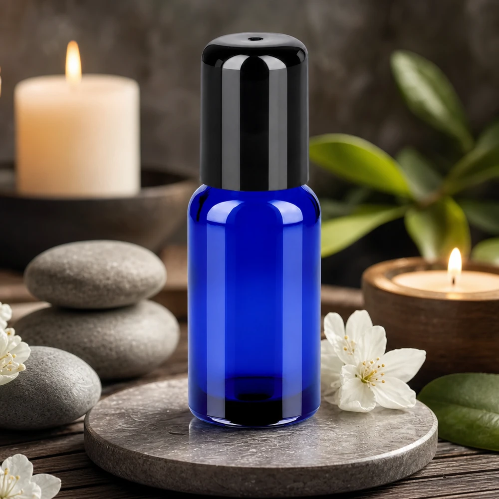 Flacon Roll-On 20ml noir STD BlueLine UT18/20 Bouteille Roll-On professionnelle de 20 ml d'un bleu intense avec filetage UT18/20 pour les huiles thérapeutiques