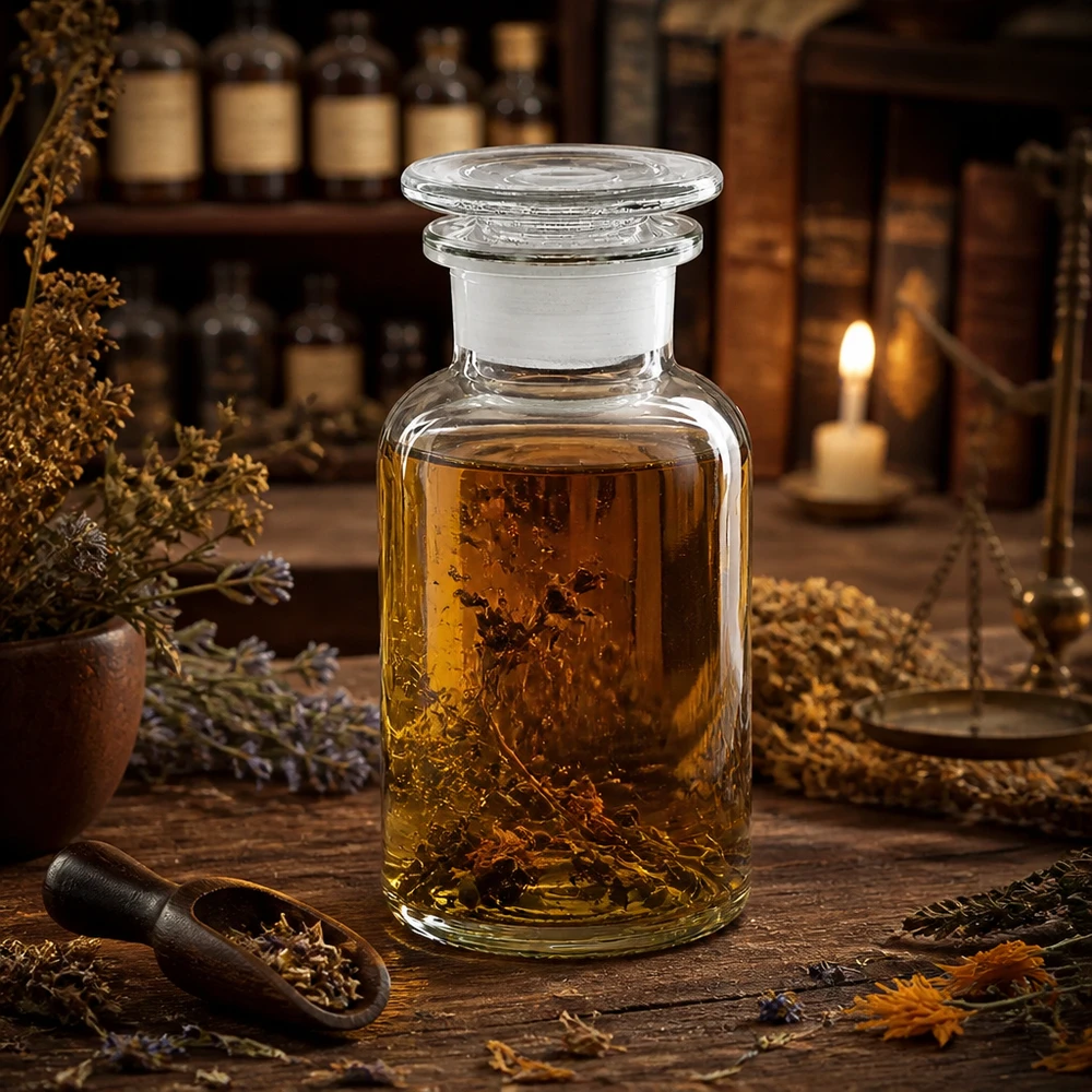 Flacon pharmaceutique 250 ml col large + bouchon verre clair Bouteille transparente de 250 ml à épaules arrondies, avec bouchon en verre, dans un décor de pharmacie d'époque