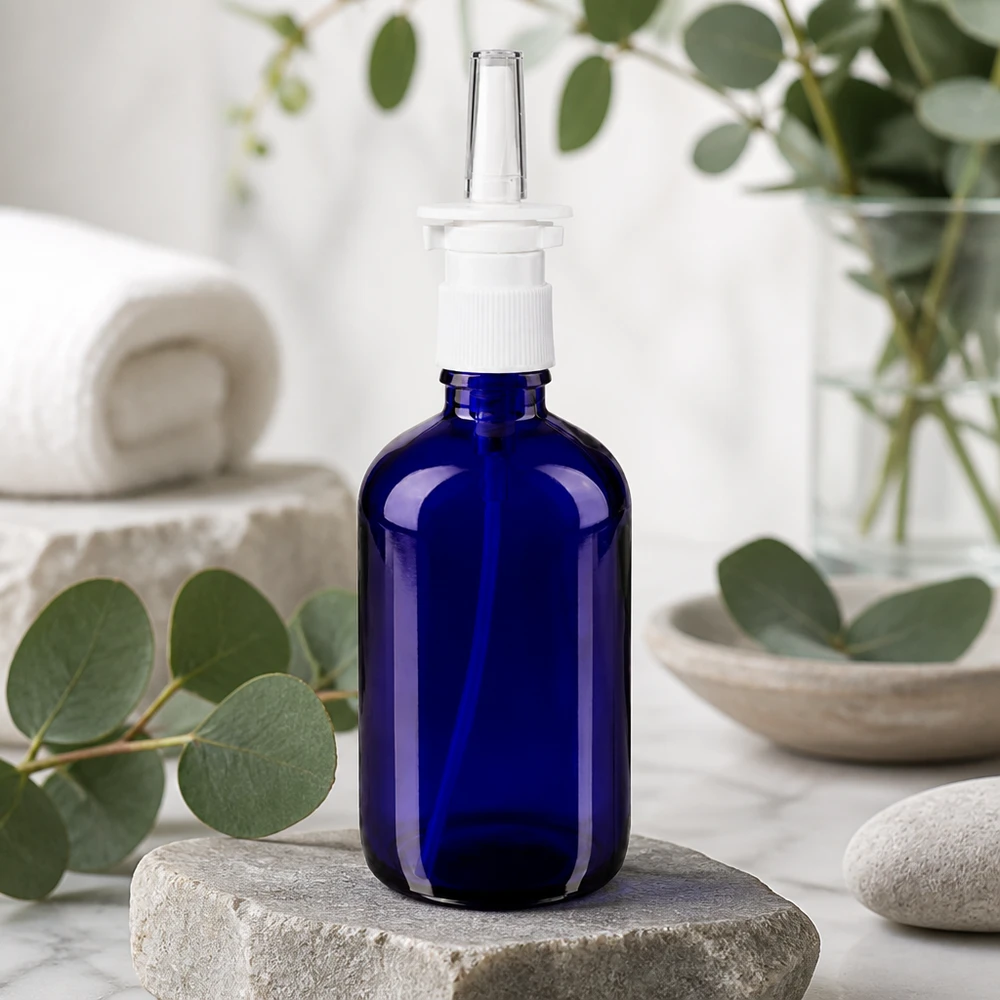 Flacon de pharmacie bleu 100ml vaporisateur nasal blanc standard Flacon en verre bleu cobalt de 100 ml muni d'un embout pulvérisateur nasal blanc et d'une buse d'application transparente