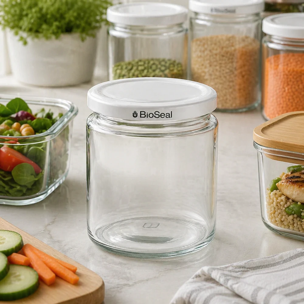 Pot à miel de 250ml avec couvercle blanc BioSeal vide dans la cuisine moderne entre les bocaux de stockage et les aliments frais