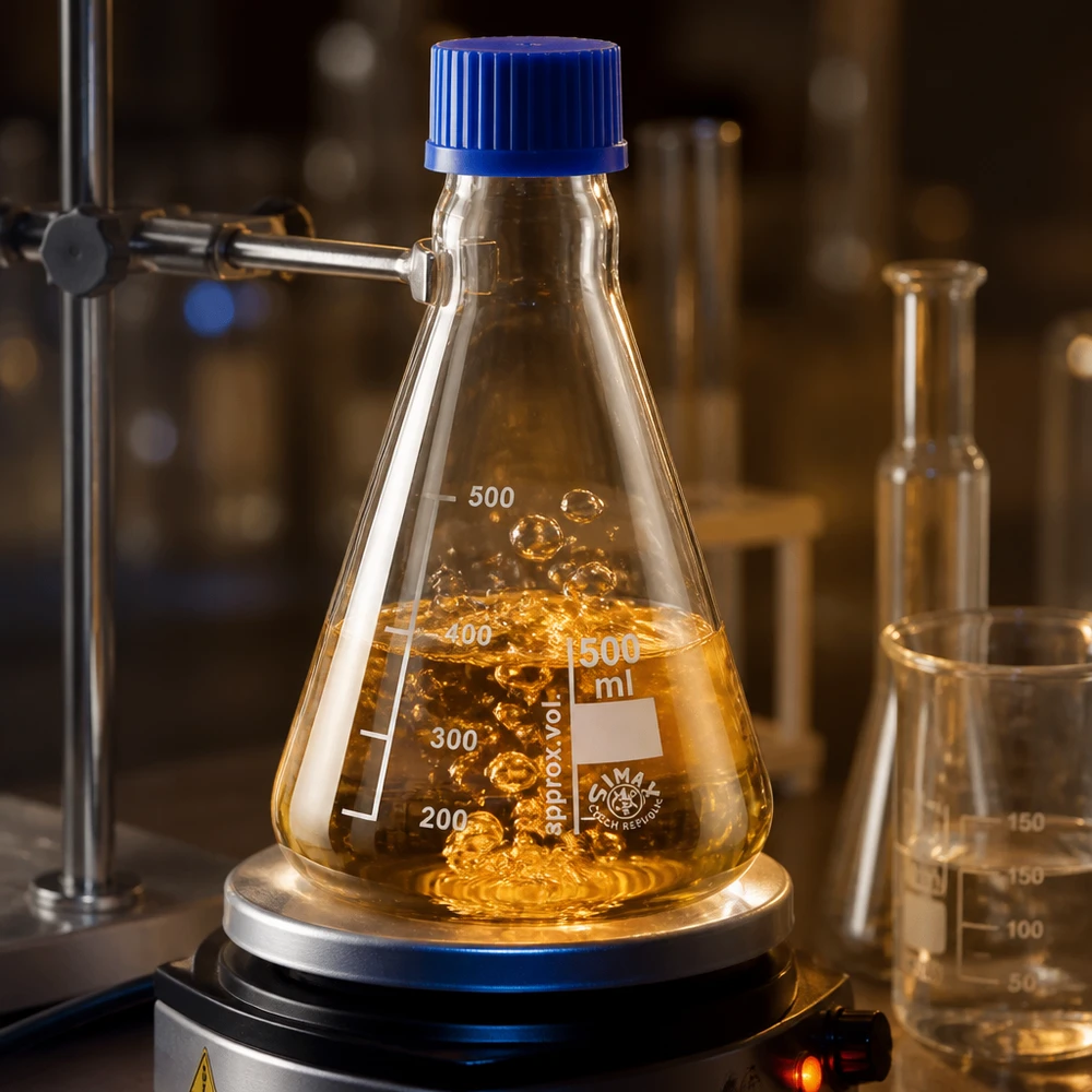 Erlenmeyer 500 ml col étroit, verre borosilicate avec filetage et bouchon Erlenmeyer 500ml avec liquide jaune doré et formation de bulles lors du chauffage