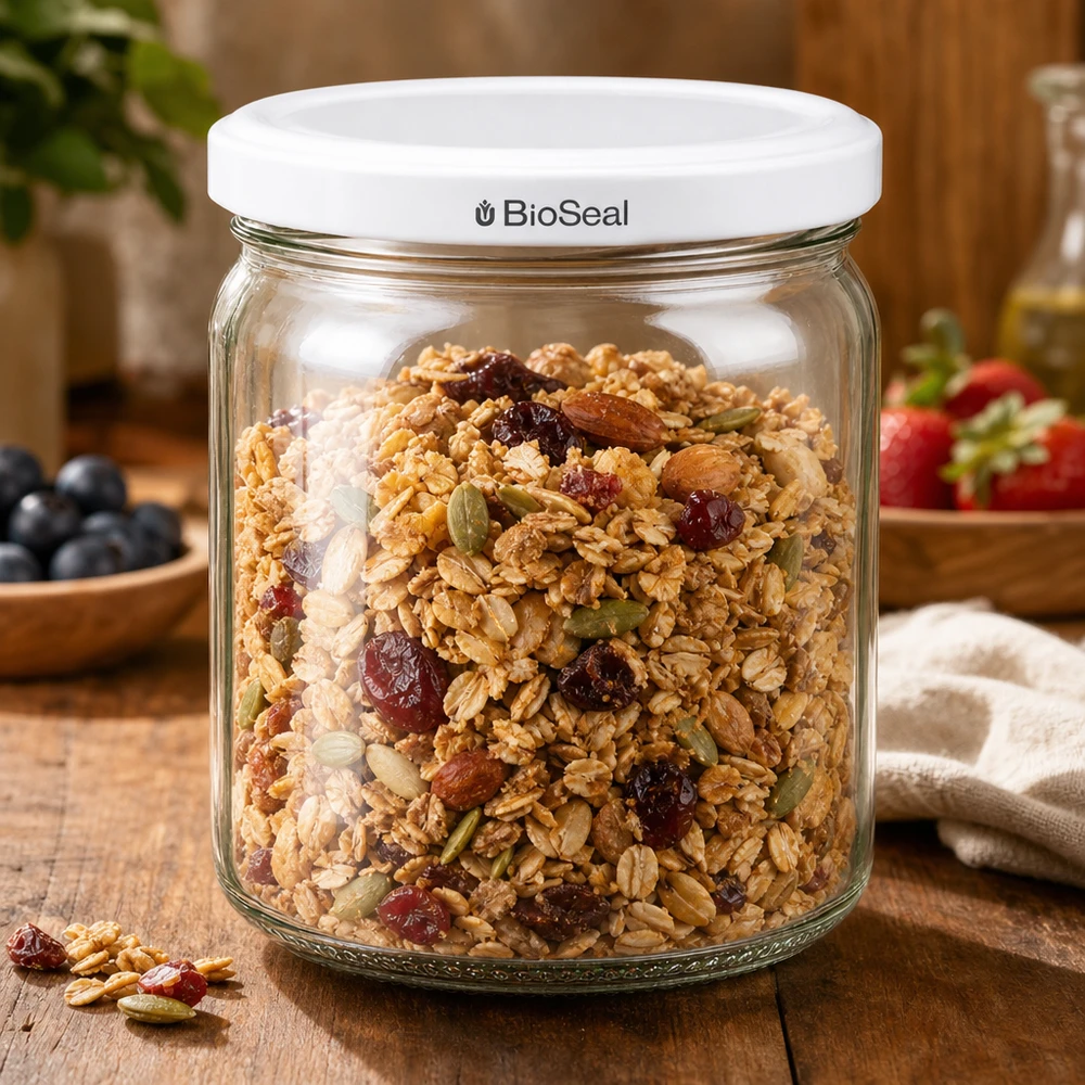 408ml Verre rond avec couvercle BioSeal blanc UNiTWIST UNiTWIST Runda408 Bocal rempli de céréales - conservation pratique des aliments avec fermeture BioSeal